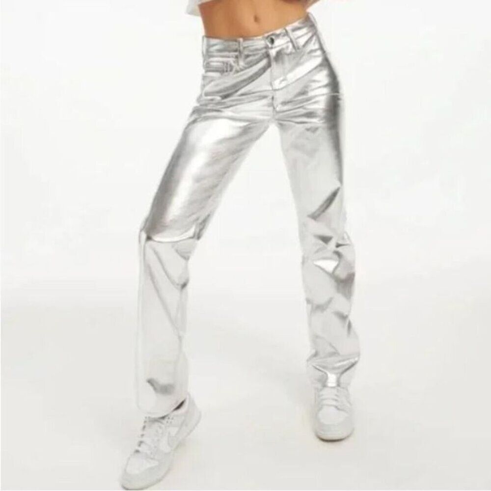 Good American Women's Pants Good Icon SILVER Metallic Faux Leather sz 12/31